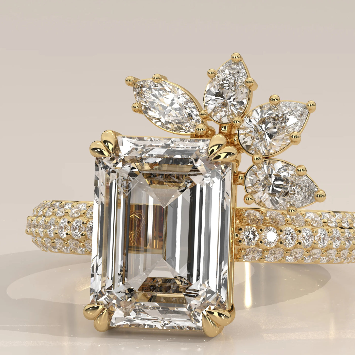 Stone Detail: Emerald Cut Lab Grown Diamonds in Cluster Setting – Yellow Gold – Driona Jewels