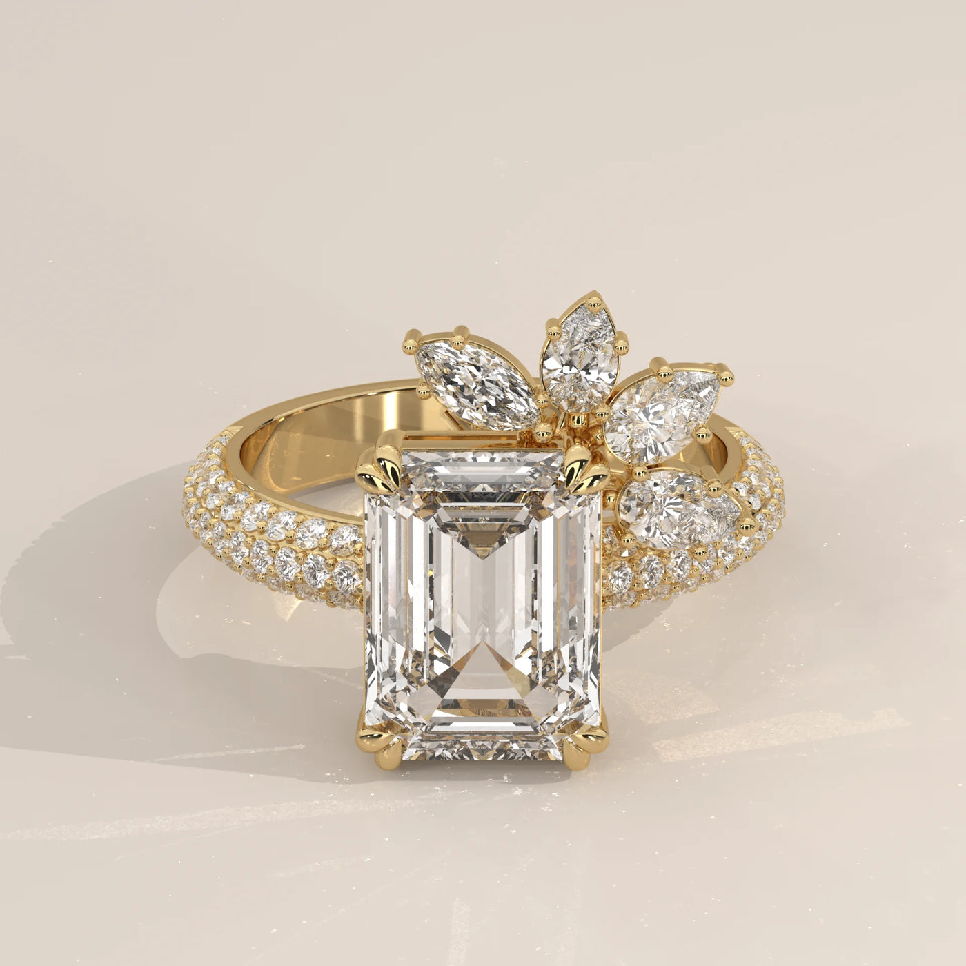Three-Quarter View: Emerald Cut Diamond Ring with Cluster Setting in Yellow Gold – Lab Grown – Driona Jewels