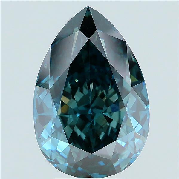 6.16 carat fancy deep greenish blue pear lab grown diamond SI1 clarity