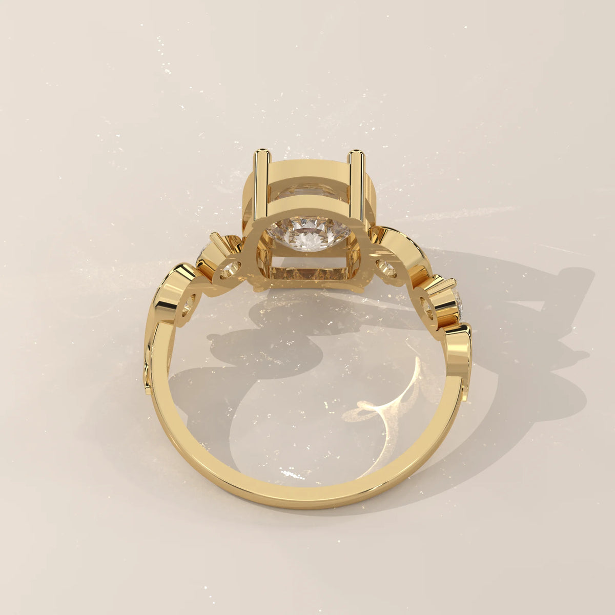 Aphsen 5 Carat Cushion Lab Grown Diamond Ring, Wave Bezel Band in yellow gold, shown from the side.