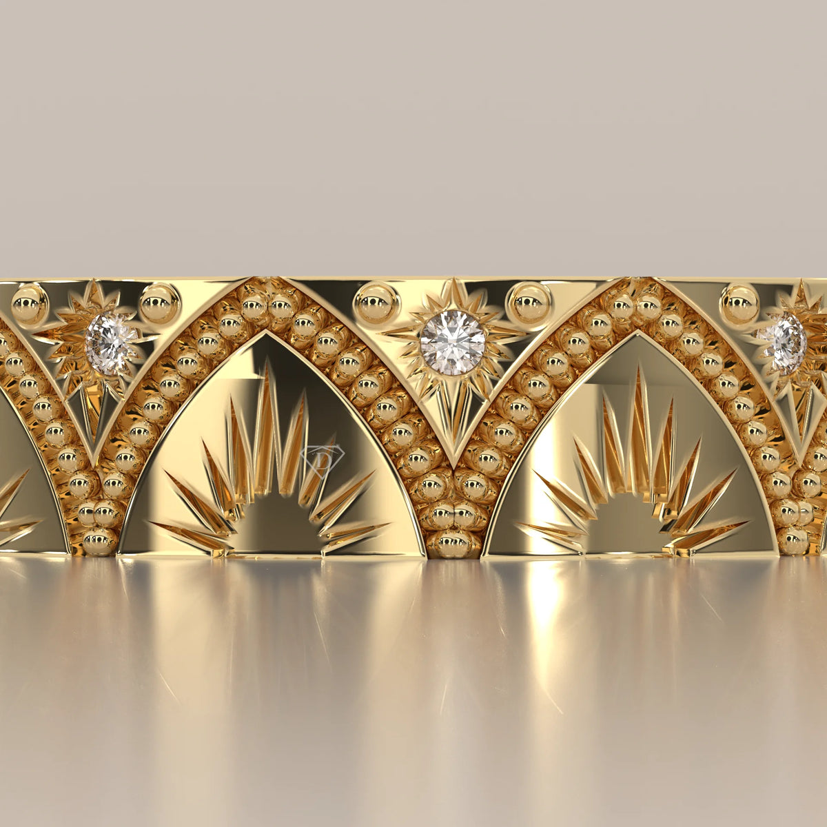 Round Lab Grown Diamond Art Deco Arch Band with Engraved Fan Rays in yellow gold, photographed head-on.