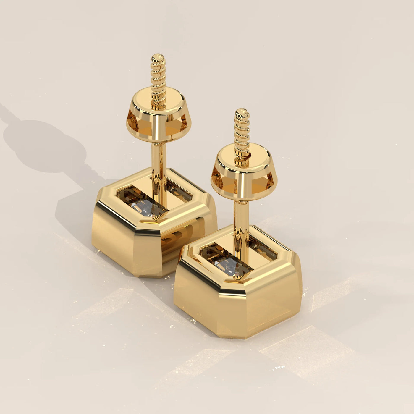 Side Profile: Asscher Diamond Stud Earrings with Bezel Setting in Yellow Gold – Lab Grown – Driona Jewels