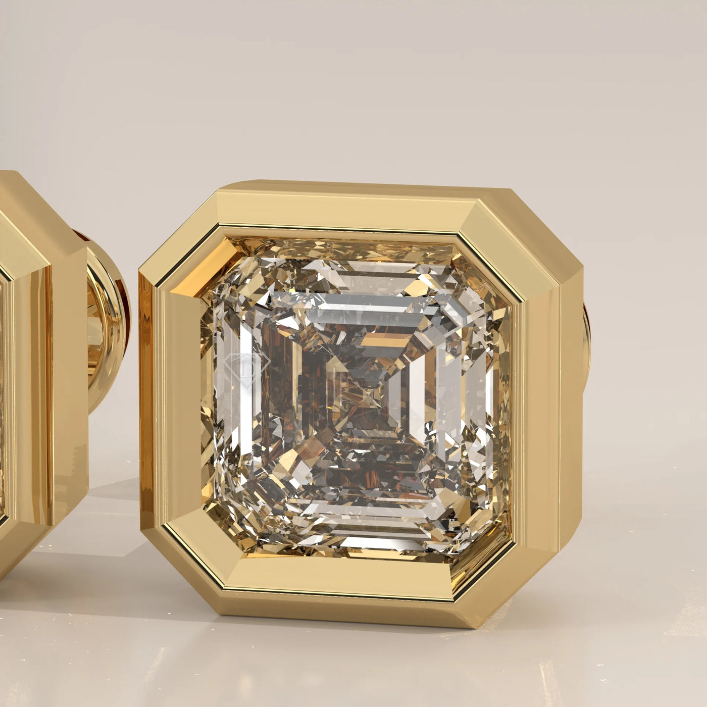 Stone Detail: Asscher Lab Grown Diamonds in Bezel Setting – Yellow Gold – Driona Jewels