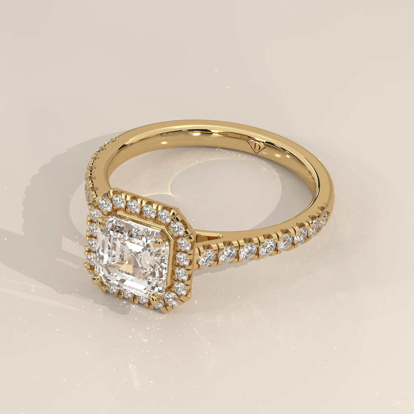 Angle View: Asscher Diamond Engagement Ring with Halo Setting in Yellow Gold – Lab Grown – Driona Jewels