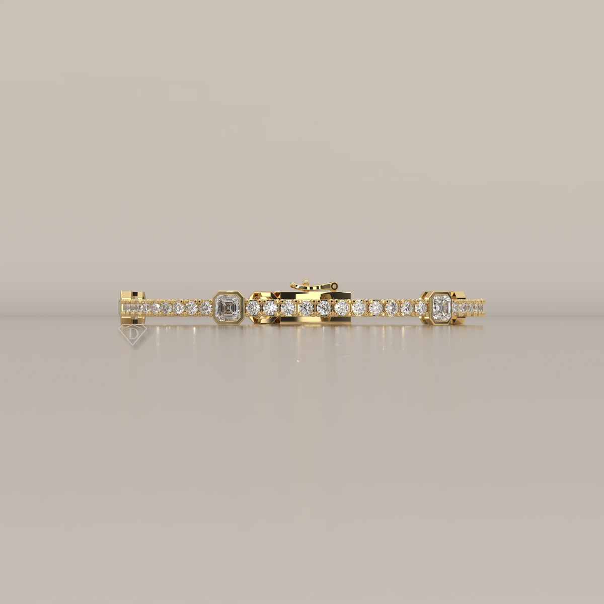 Asscher Station Lab Grown Diamond Tennis Bracelet with Round Line in yellow gold, photographed head-on.
