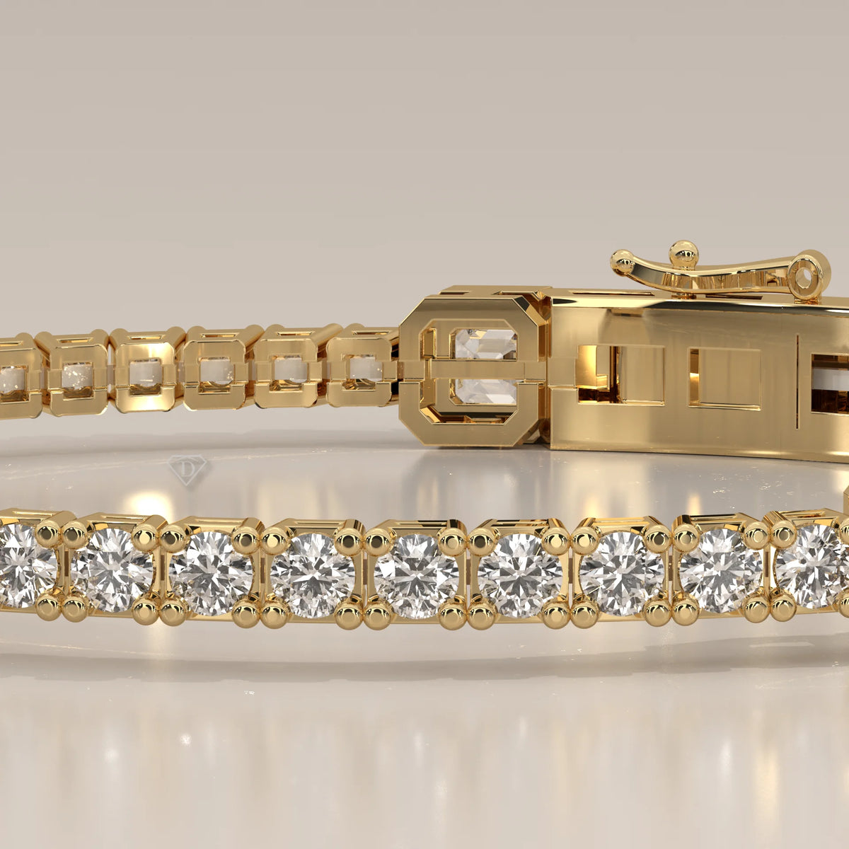 Asscher Station Lab Grown Diamond Tennis Bracelet with Round Line in yellow gold, front view on a plain background.