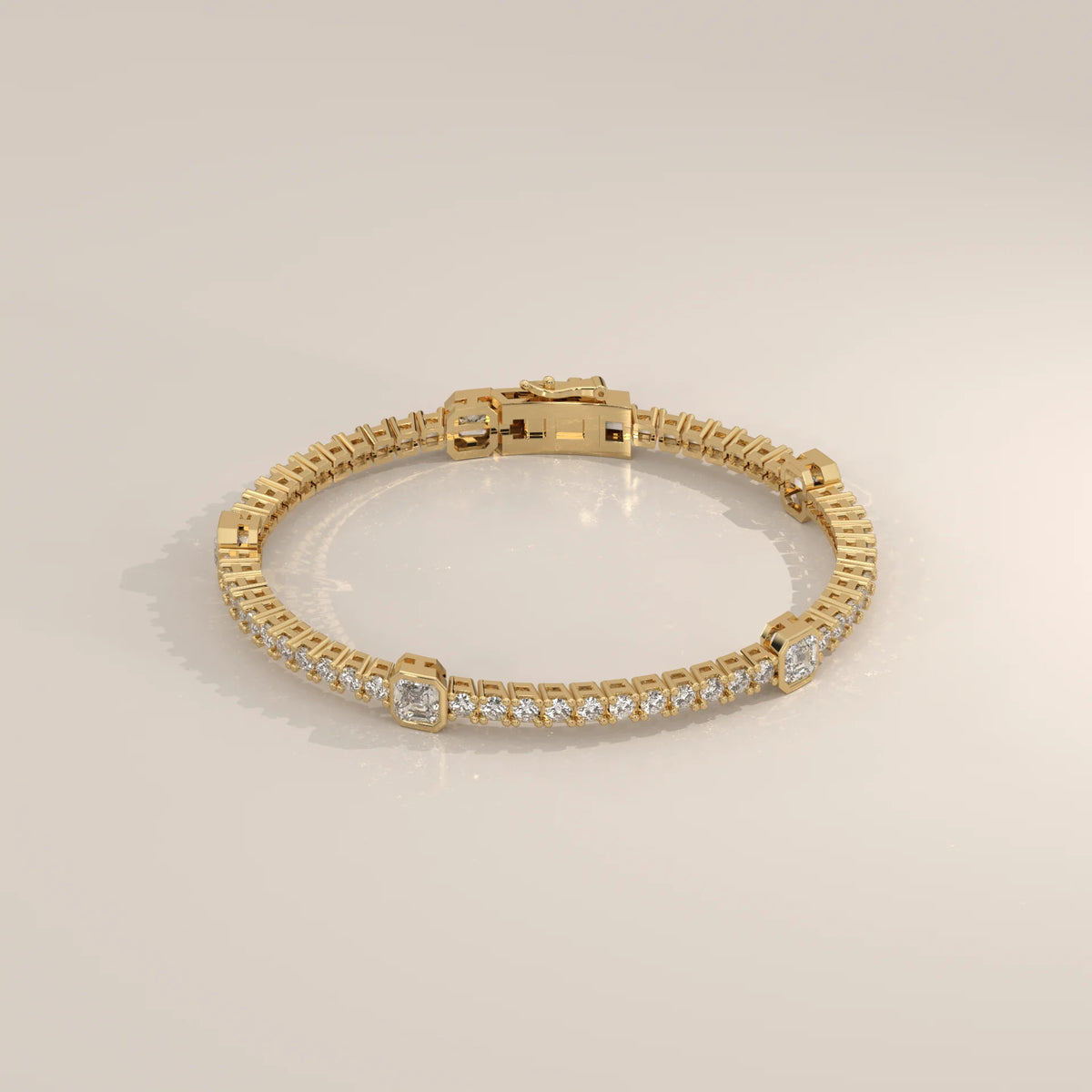 Asscher Station Lab Grown Diamond Tennis Bracelet with Round Line in yellow gold, shown from the front.