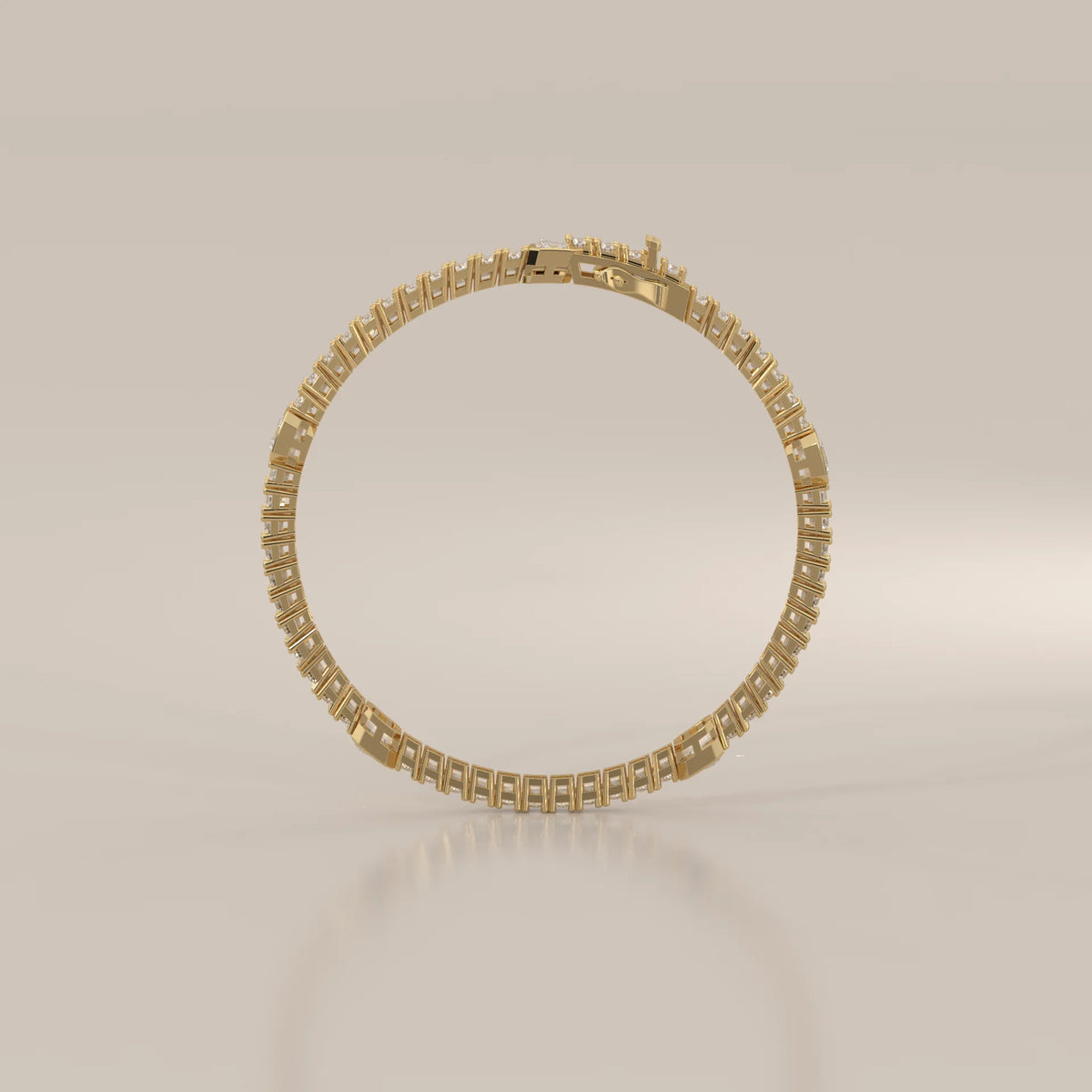 Asscher Station Lab Grown Diamond Tennis Bracelet with Round Line in yellow gold, shown from the side.