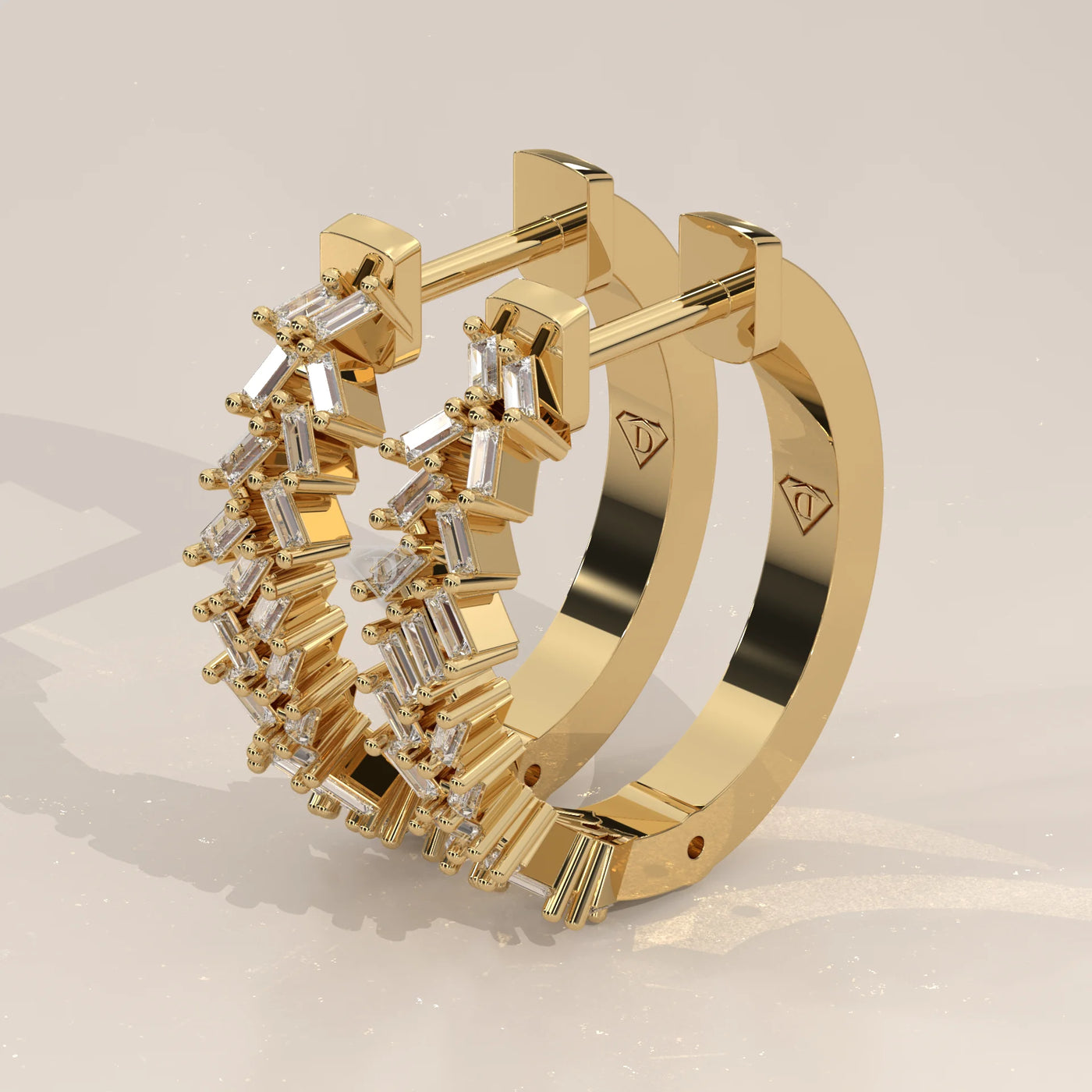 Three-Quarter View: Baguette Diamond Hoop Earrings with Cluster Setting in Yellow Gold – Lab Grown – Driona Jewels