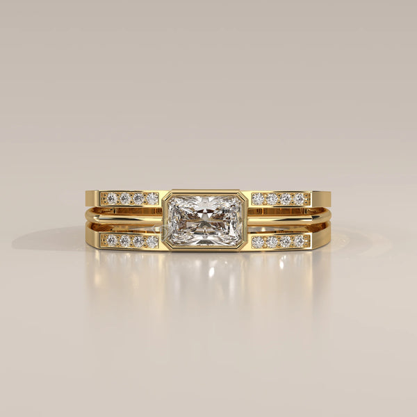 Radiant Lab Grown Diamond East West Bezel Ring with Split Rails in yellow gold, photographed head-on.