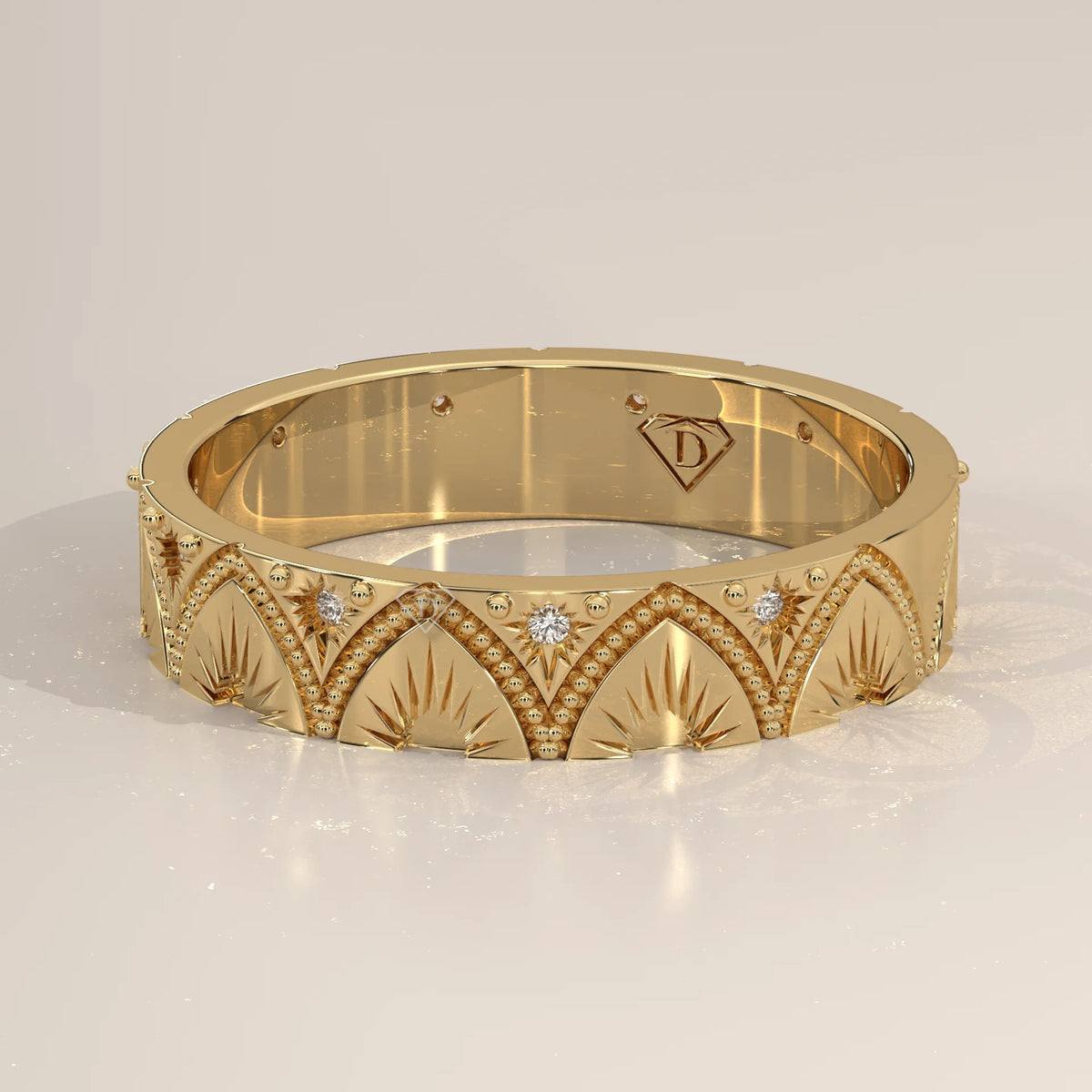 Round Lab Grown Diamond Art Deco Arch Band with Engraved Fan Rays in yellow gold, shown at an angle.