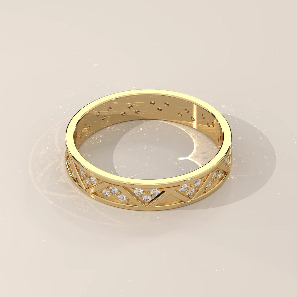 Round Lab Grown Diamond Geometric Triangle Band with Pave Clusters in yellow gold, photographed at a three-quarter angle.