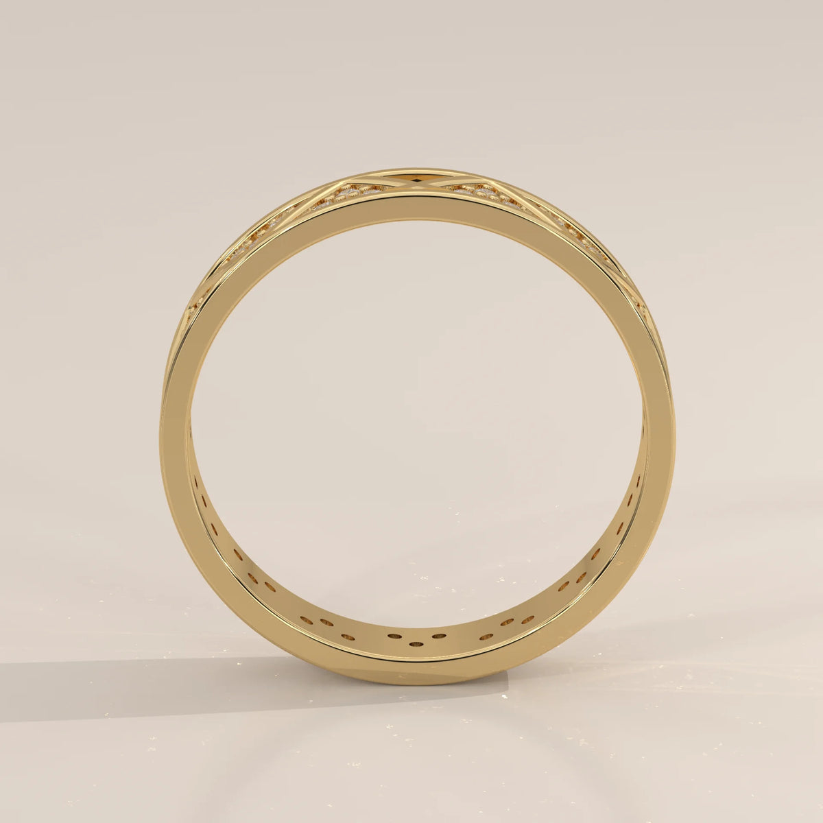 Round Lab Grown Diamond Geometric Triangle Band with Pave Clusters in yellow gold, shown from the side.