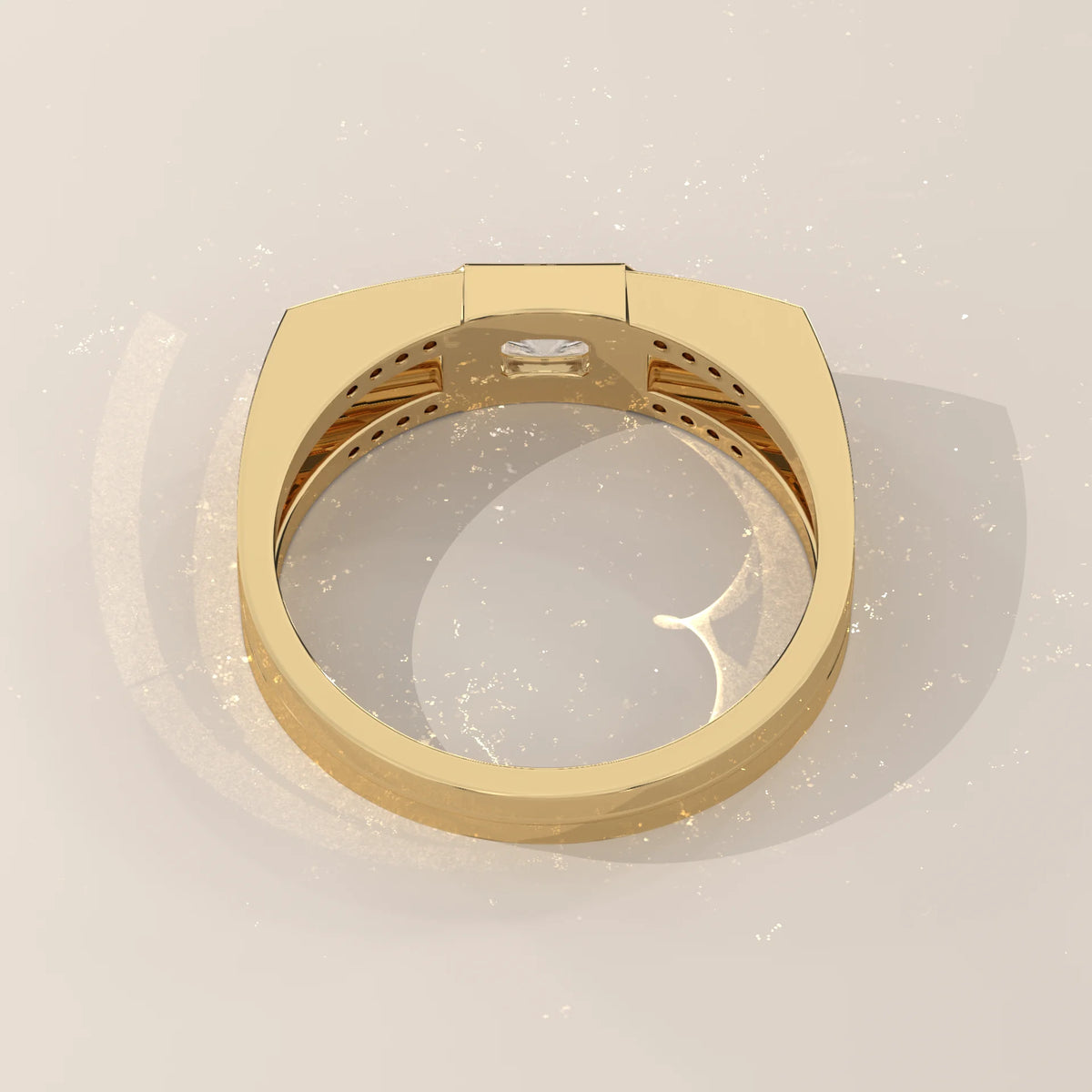 Radiant Lab Grown Diamond East West Bezel Ring with Split Rails in yellow gold, viewed from above.