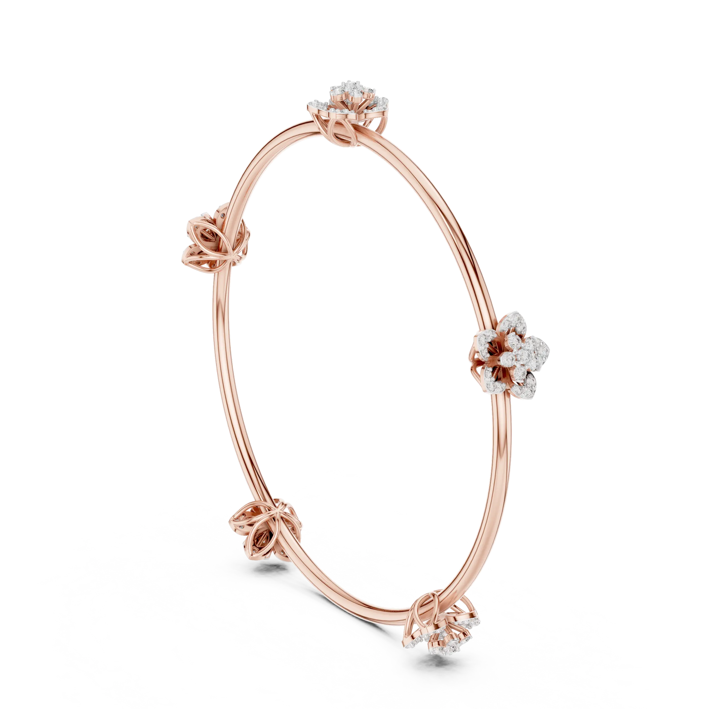 Flat Lay: Round Diamond Bangle with Floral Setting in 14k Rose Gold - Lab Grown - Driona Jewels