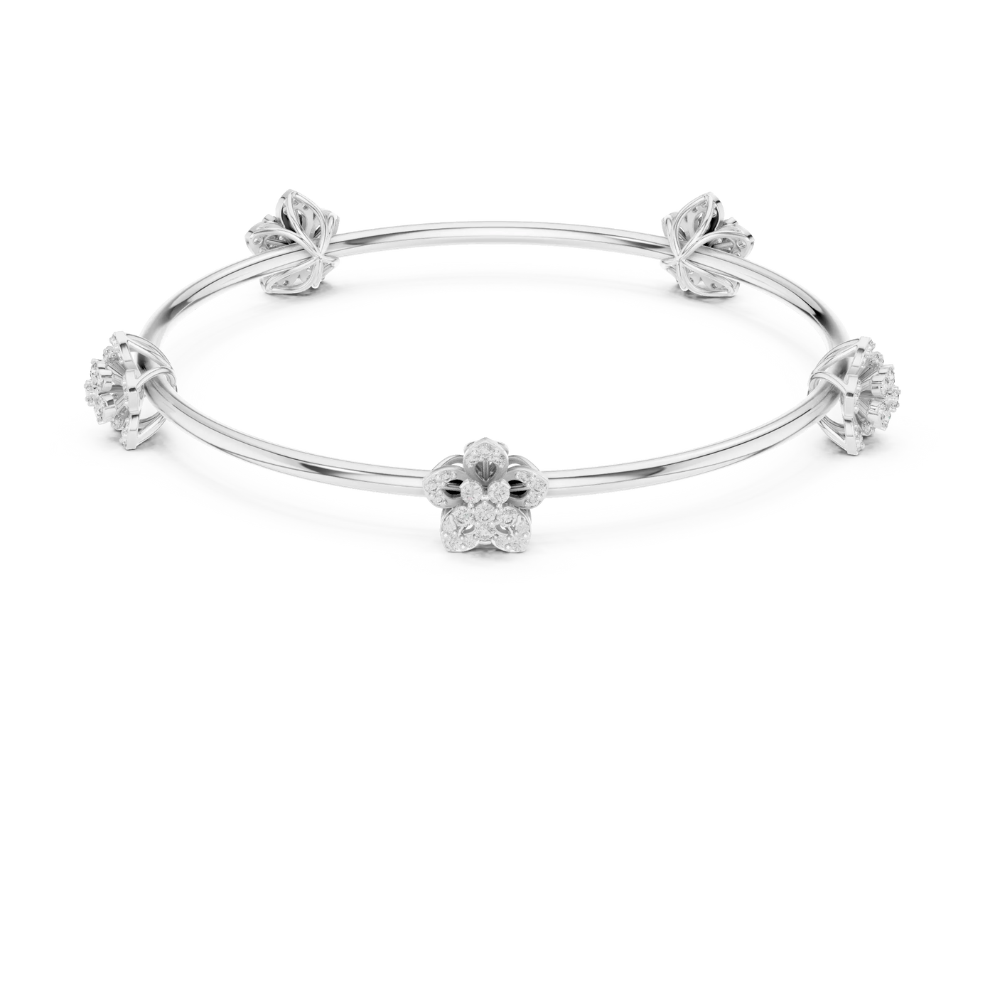 Three-quarter View: Round Diamond Bangle with Floral Setting in 14k White Gold - Lab Grown - Driona Jewels