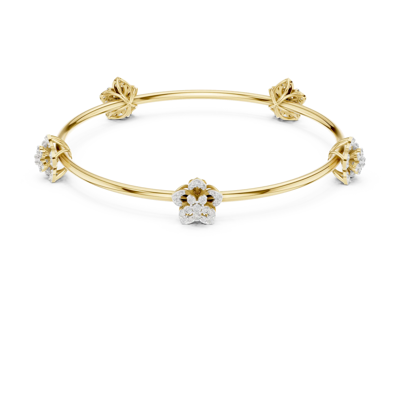 Flat Lay: Round Diamond Bangle with Floral Setting in 14k Yellow Gold - Lab Grown - Driona Jewels