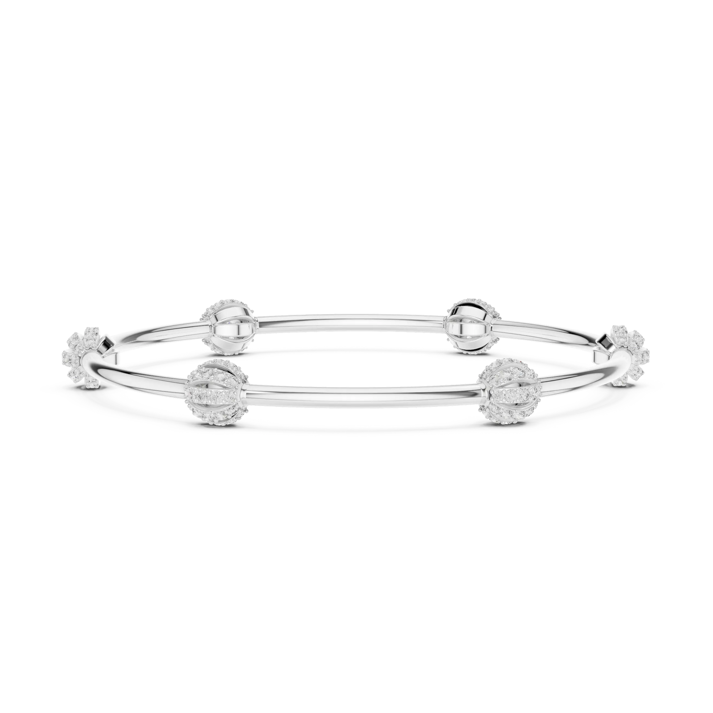 Flat Lay: Round Diamond Bangle with Halo Setting in 14k White Gold - Lab Grown - Driona Jewels