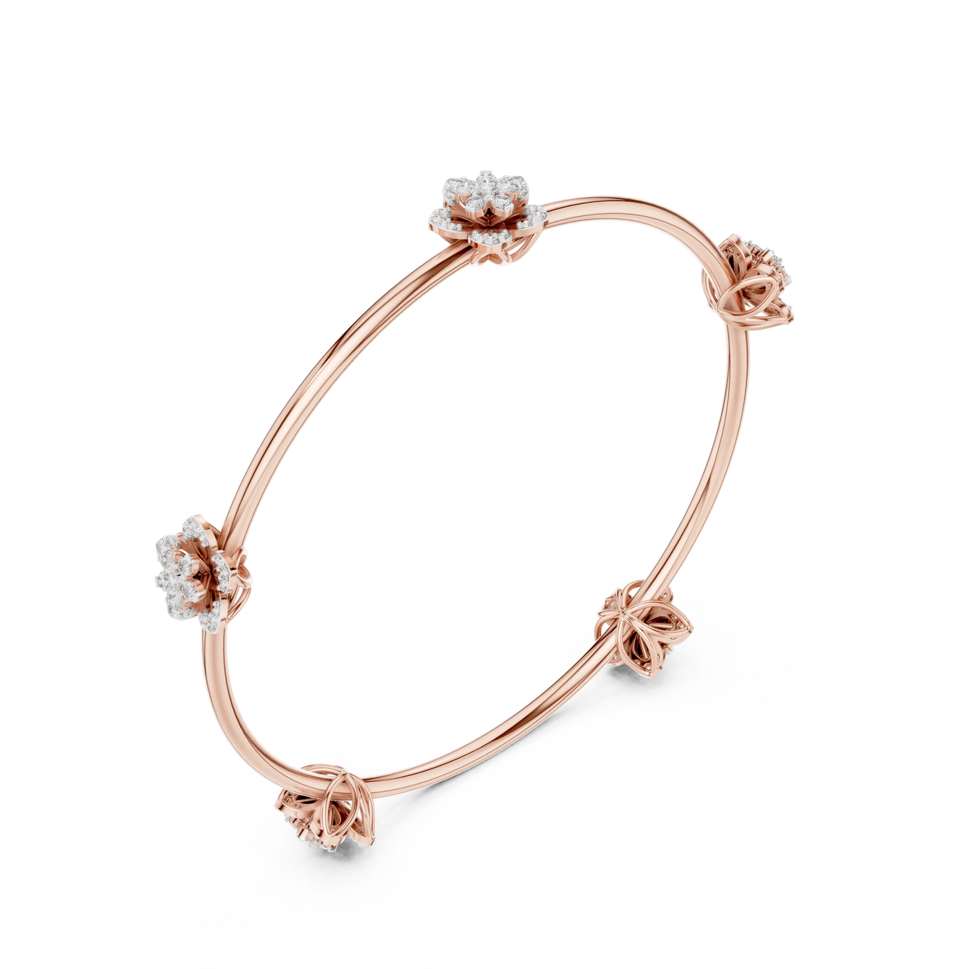 Three-quarter View: Round Diamond Bangle with Prong Setting in 14k Rose Gold - Lab Grown - Driona Jewels