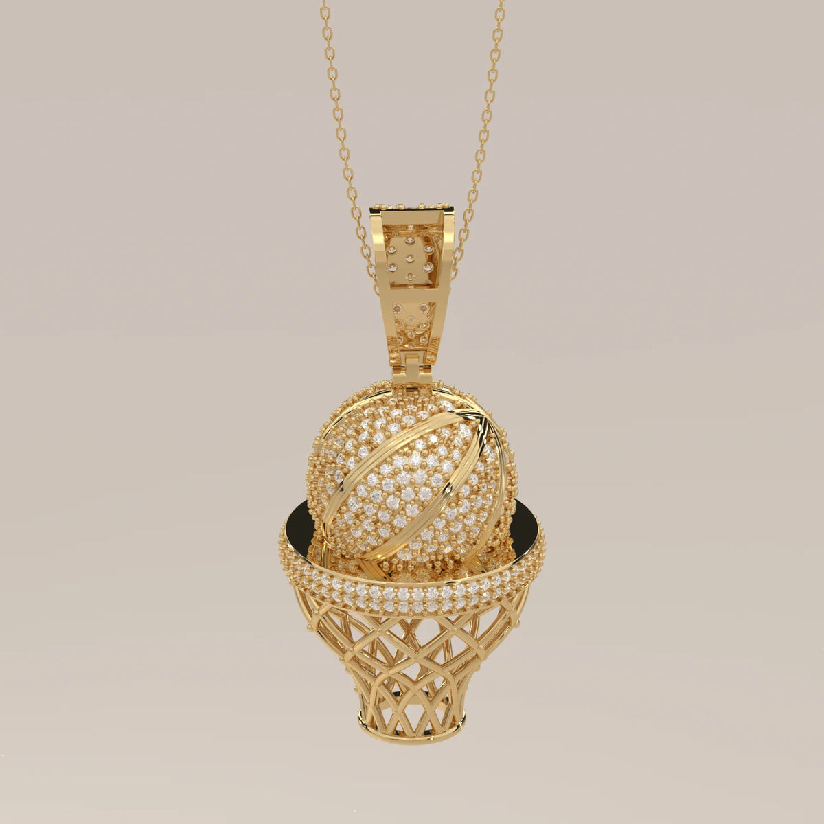 Gold basketball pendant encrusted with diamonds, inside a basketball hoop.