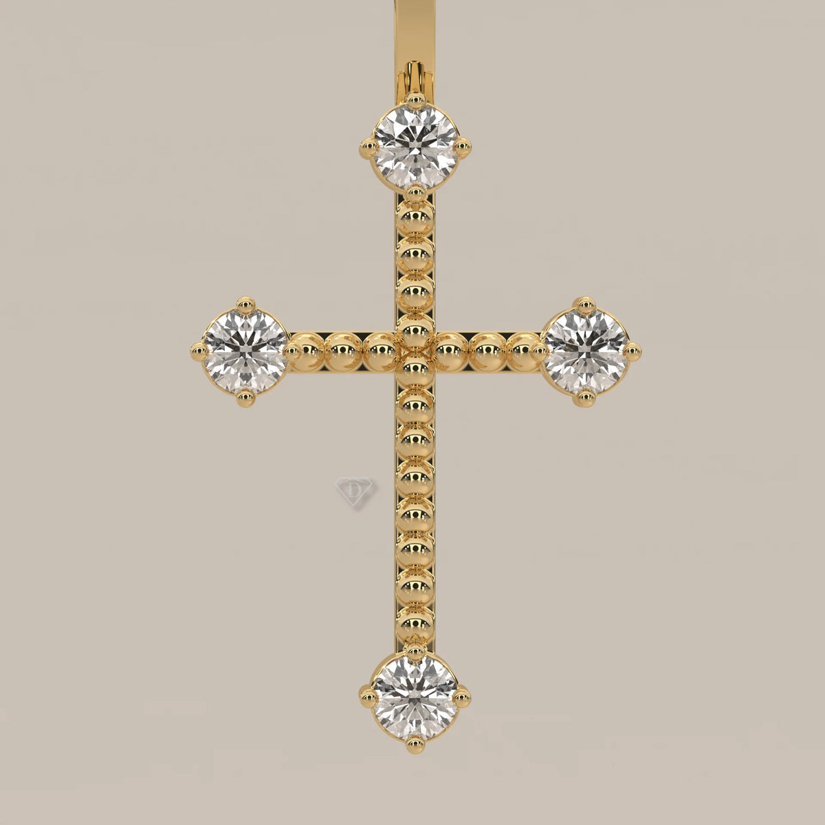 Beaded Gold Cross Pendant with Round Lab Grown Diamond Tips in yellow gold, front view on a plain background.