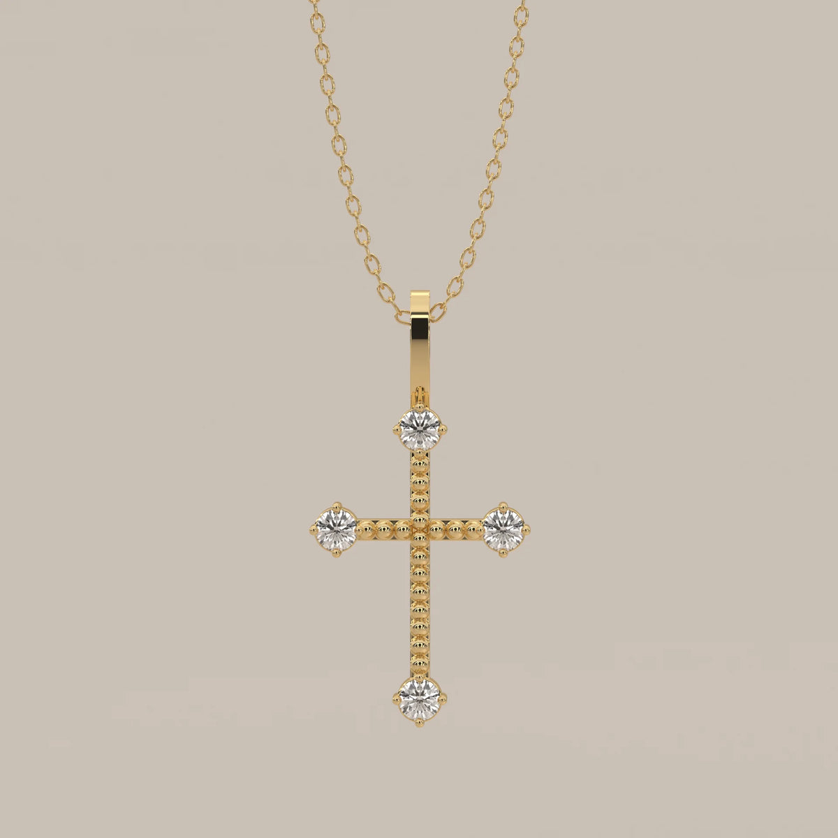 Beaded Gold Cross Pendant with Round Lab Grown Diamond Tips in yellow gold, shown from the front.