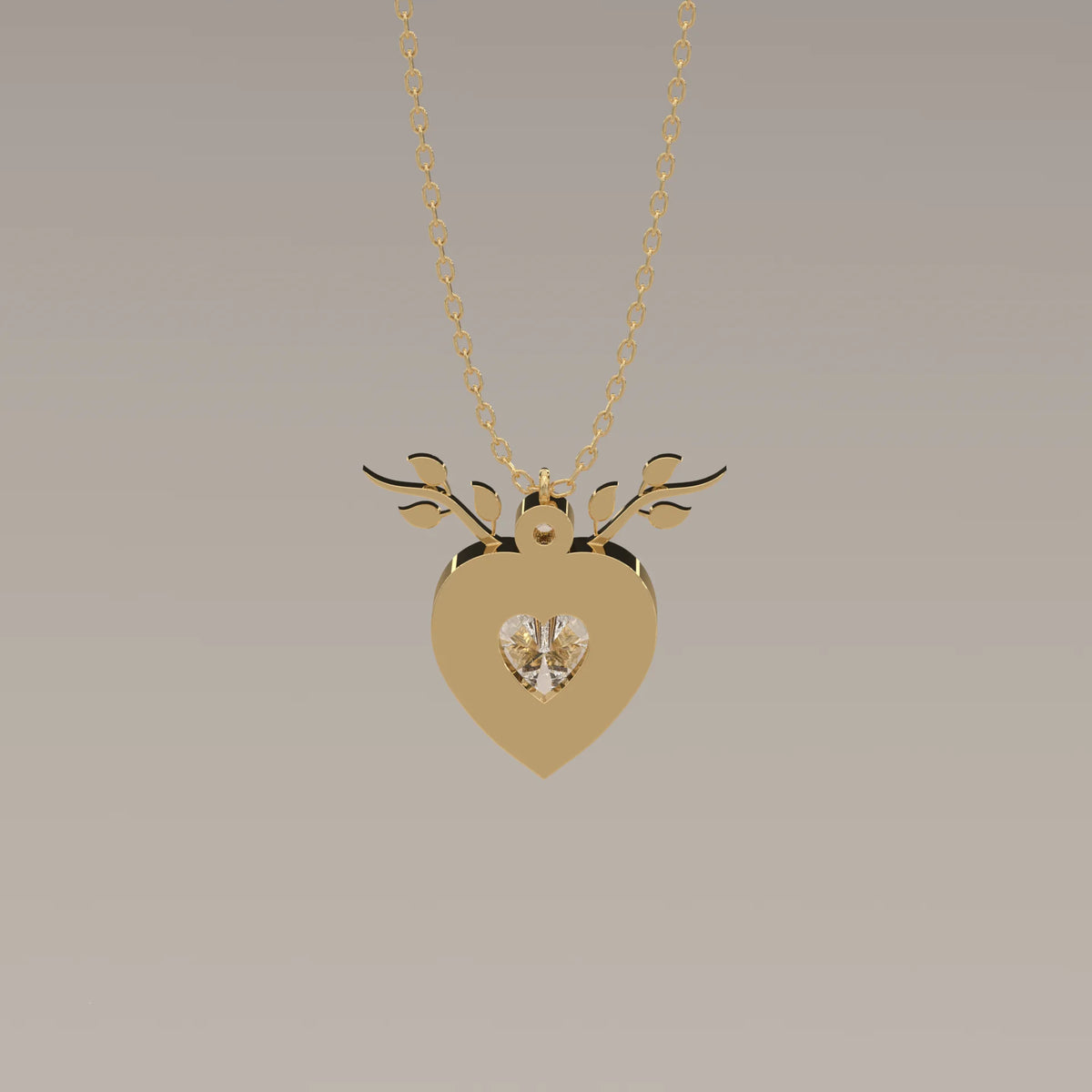 Bezel Heart Lab Grown Diamond Pendant with Leafy Branch Crown in yellow gold, front view on a plain background.