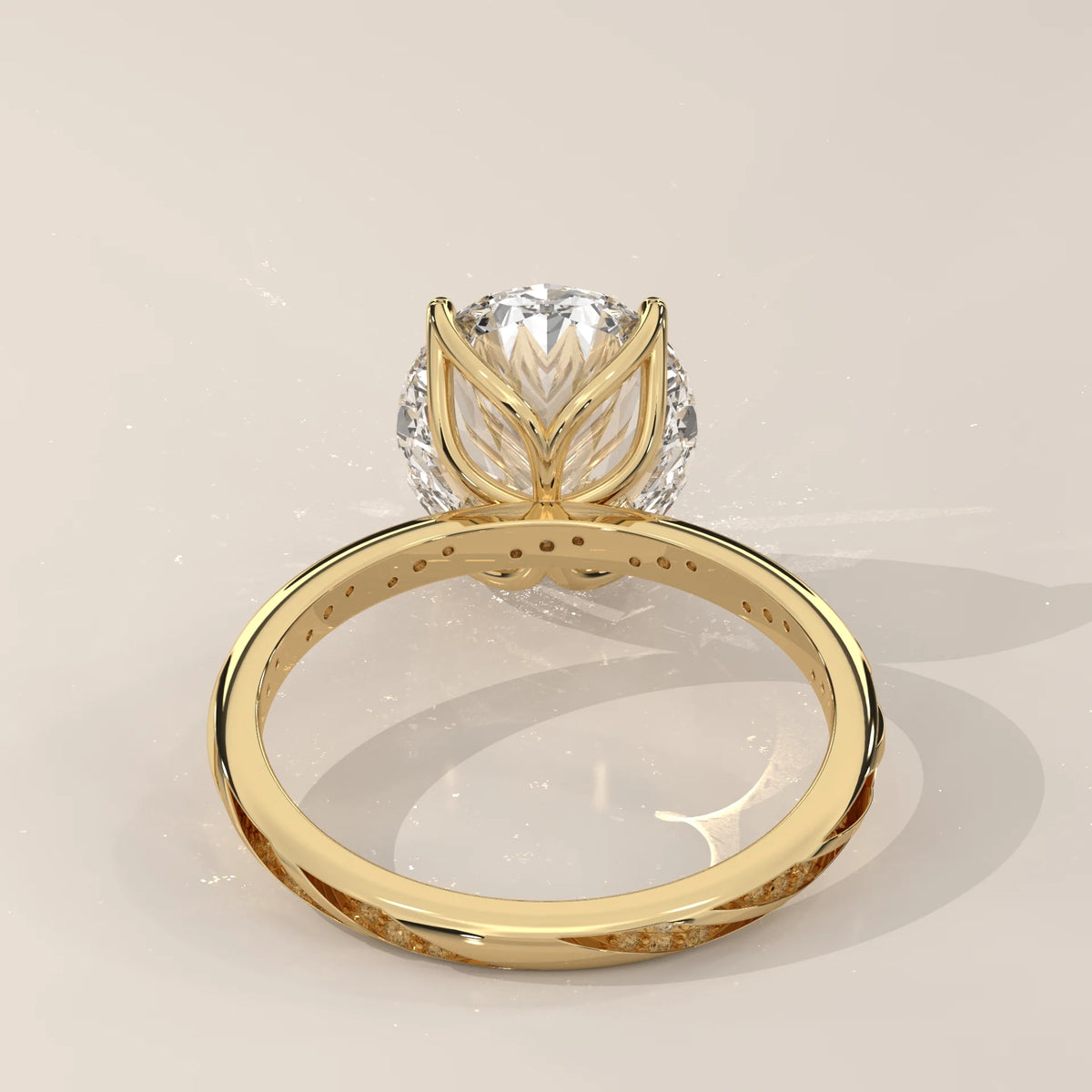 Blier 5 Carat Oval Lab Grown Diamond Ring, Twisted Pave Band in yellow gold, back view of the tulip basket.
