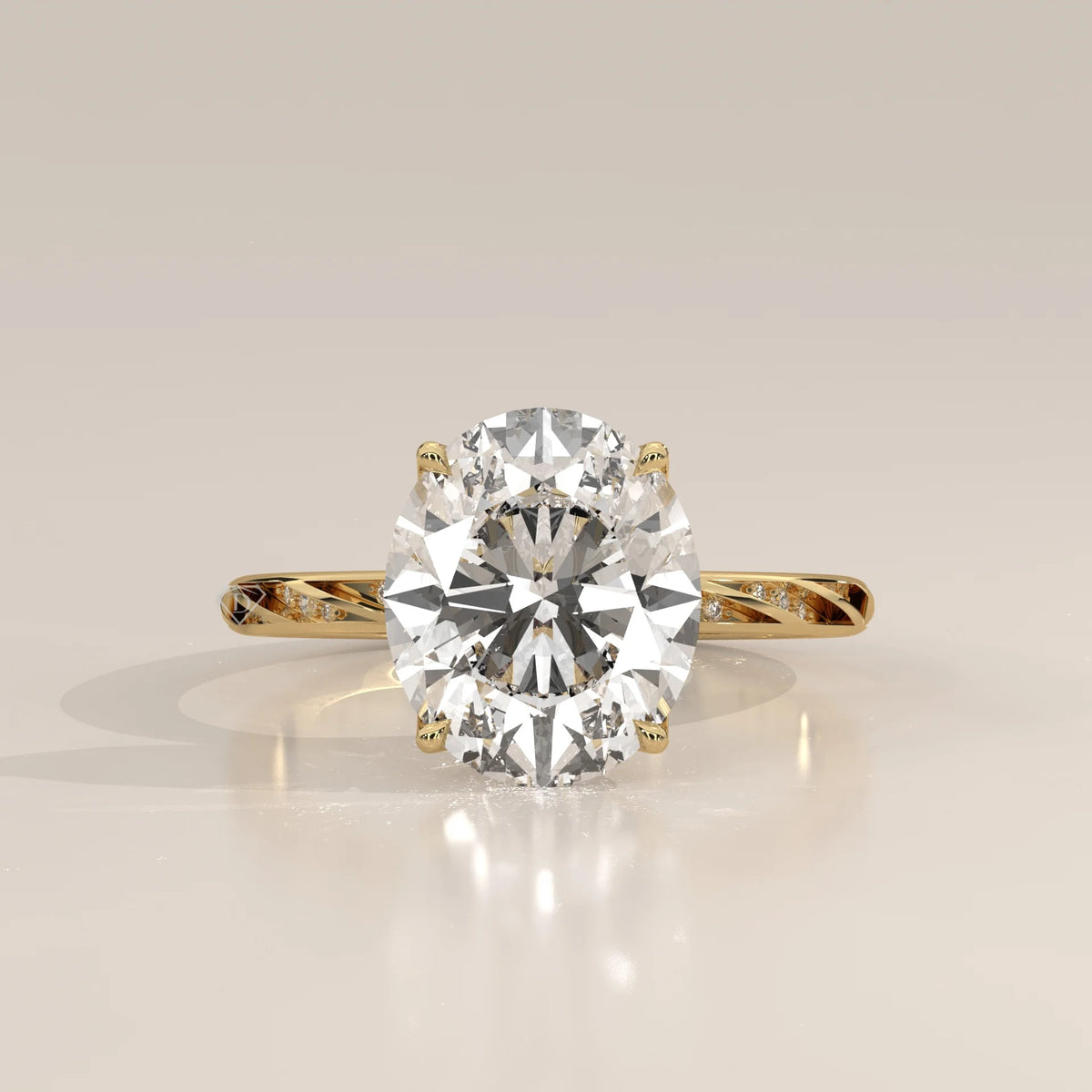 Blier 5 Carat Oval Lab Grown Diamond Ring, Twisted Pave Band in yellow gold, shown from the front.