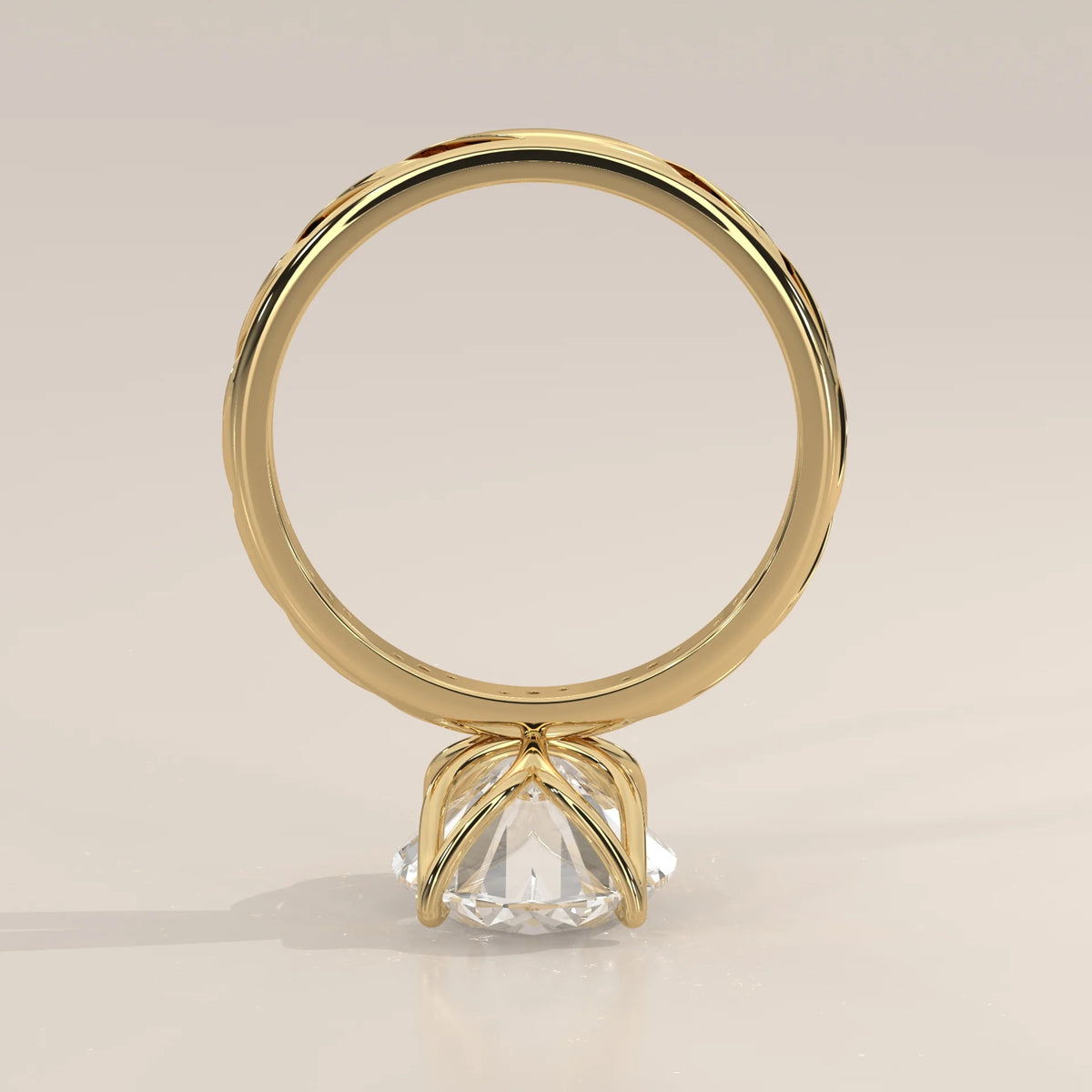Blier 5 Carat Oval Lab Grown Diamond Ring, Twisted Pave Band in yellow gold, side profile view.