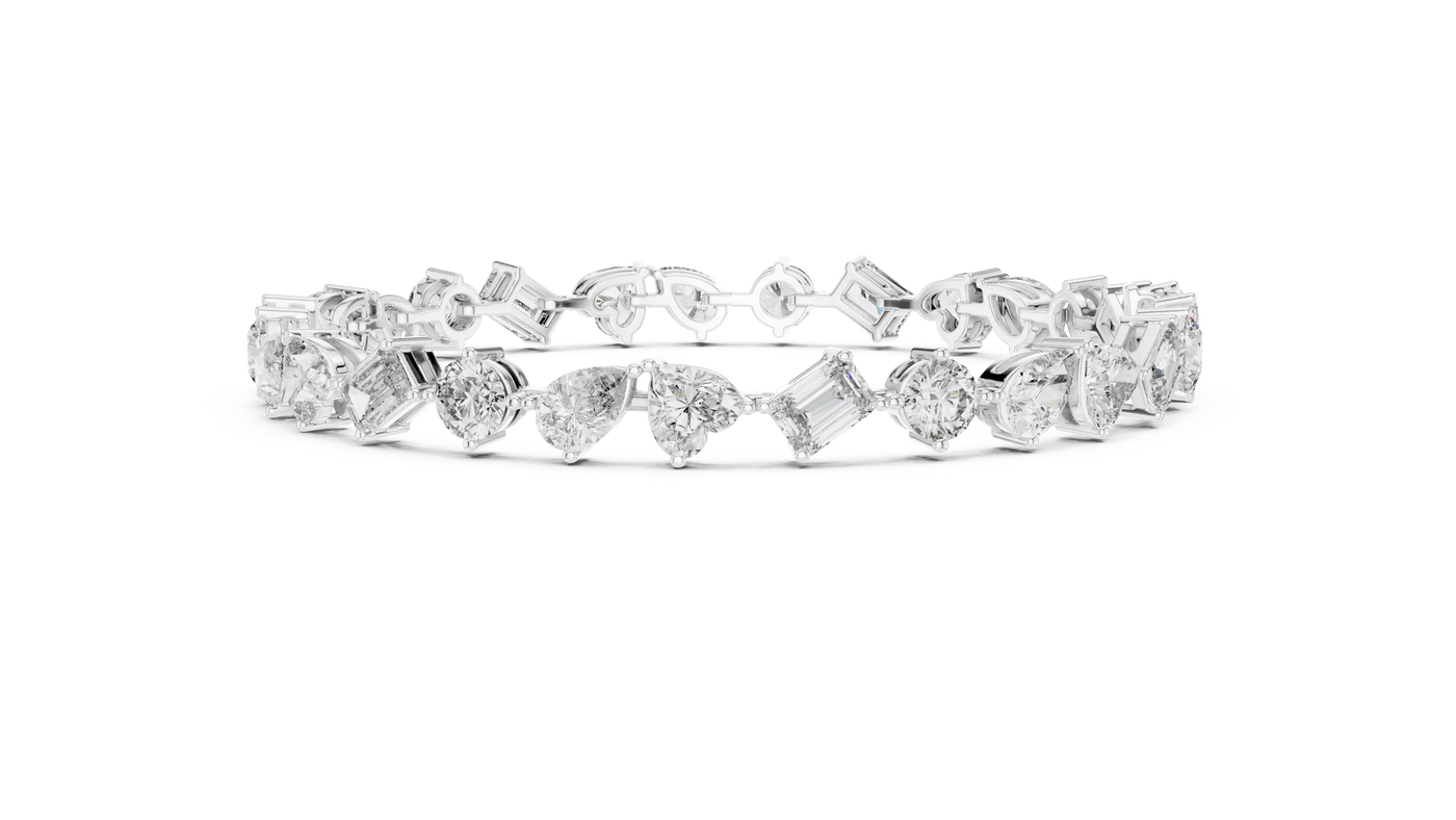 Front-View: Assorted Cut Diamond Bracelet with Tennis Setting in 14k White Gold - Lab Grown - Driona Jewels