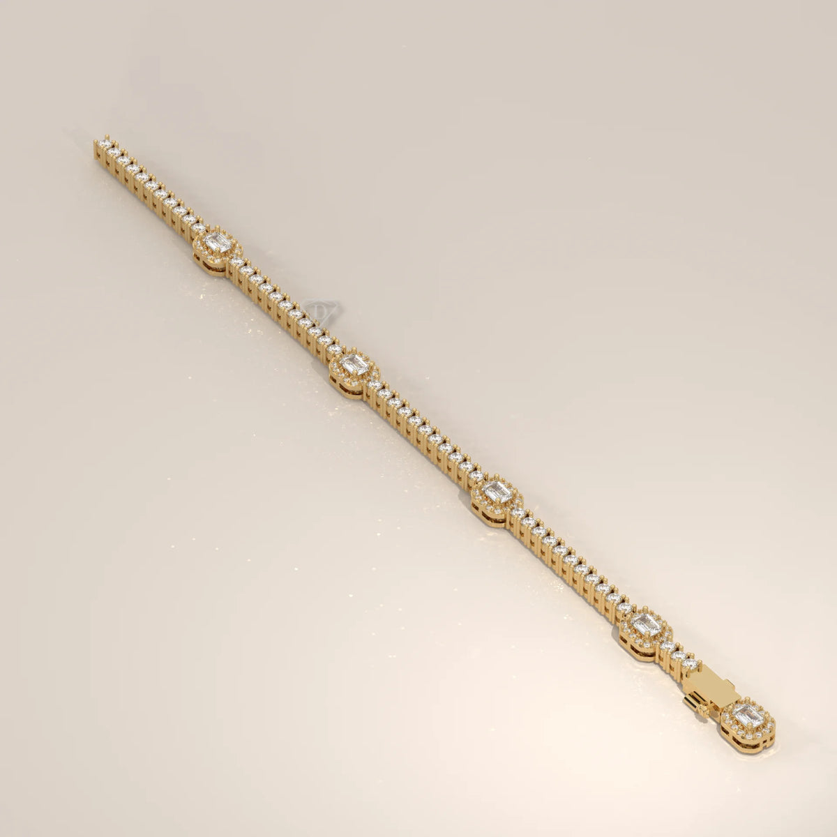 A gold tennis bracelet with emerald and diamond accents.