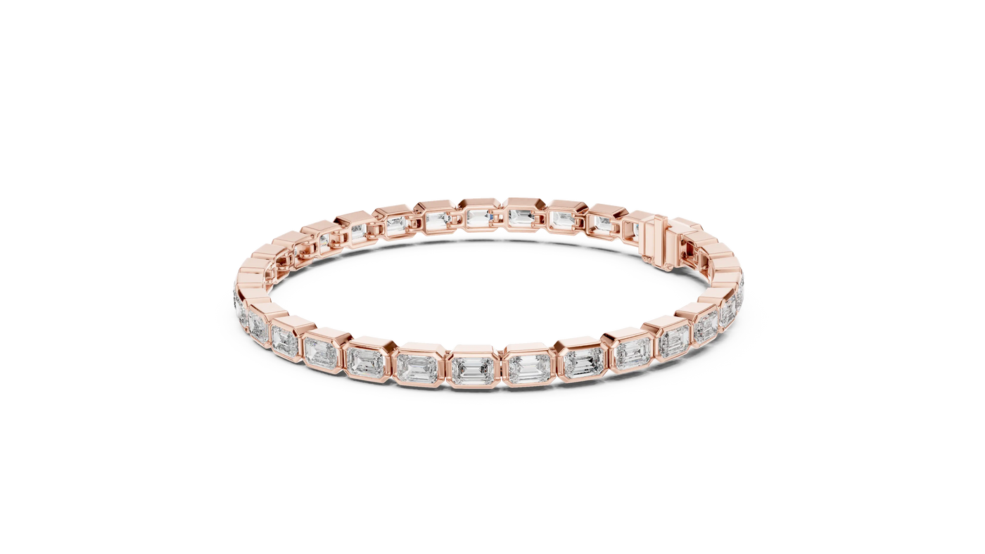 Flat-Lay: Emerald Cut Diamond Bracelet with Prong Setting in 14k Rose Gold - Lab Grown - Driona Jewels