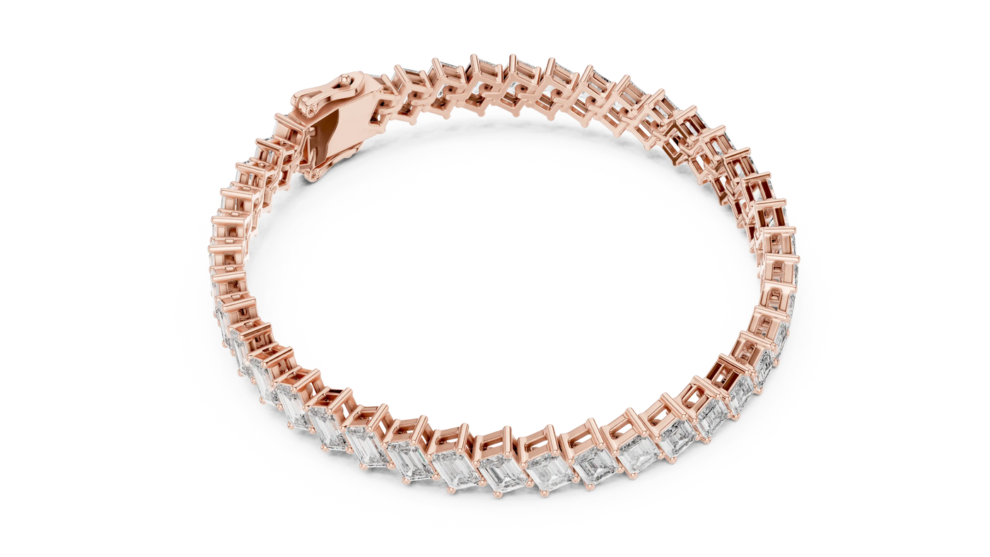 Flat-Lay: Emerald Cut Diamond Bracelet with Prong Setting in 14k Rose Gold - Lab Grown - Driona Jewels