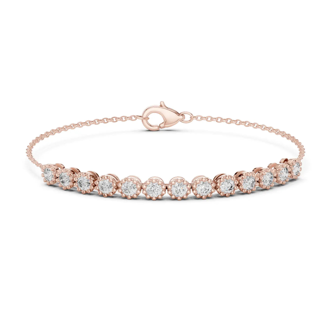 Front View: Round Diamond Bracelet with Bezel Setting in 14k Rose Gold - Lab Grown - Driona Jewels