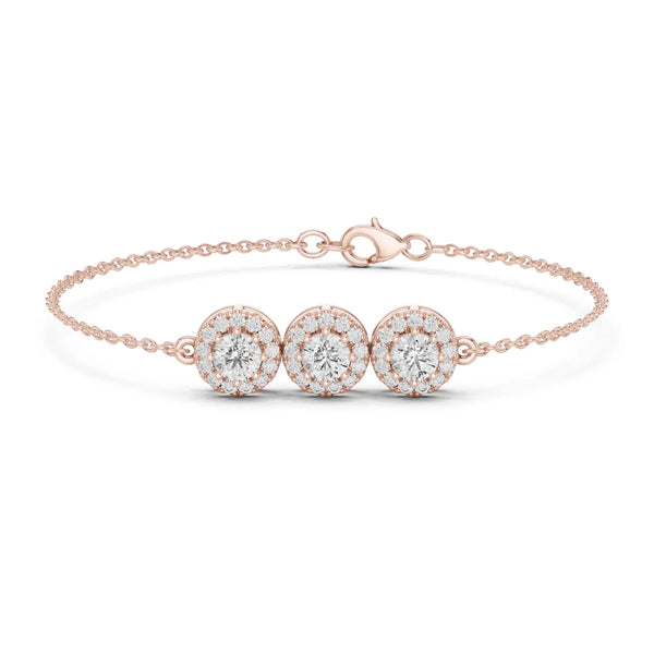 Front View: Round Diamond Bracelet with Halo Setting in 14k Rose Gold - Lab Grown - Driona Jewels