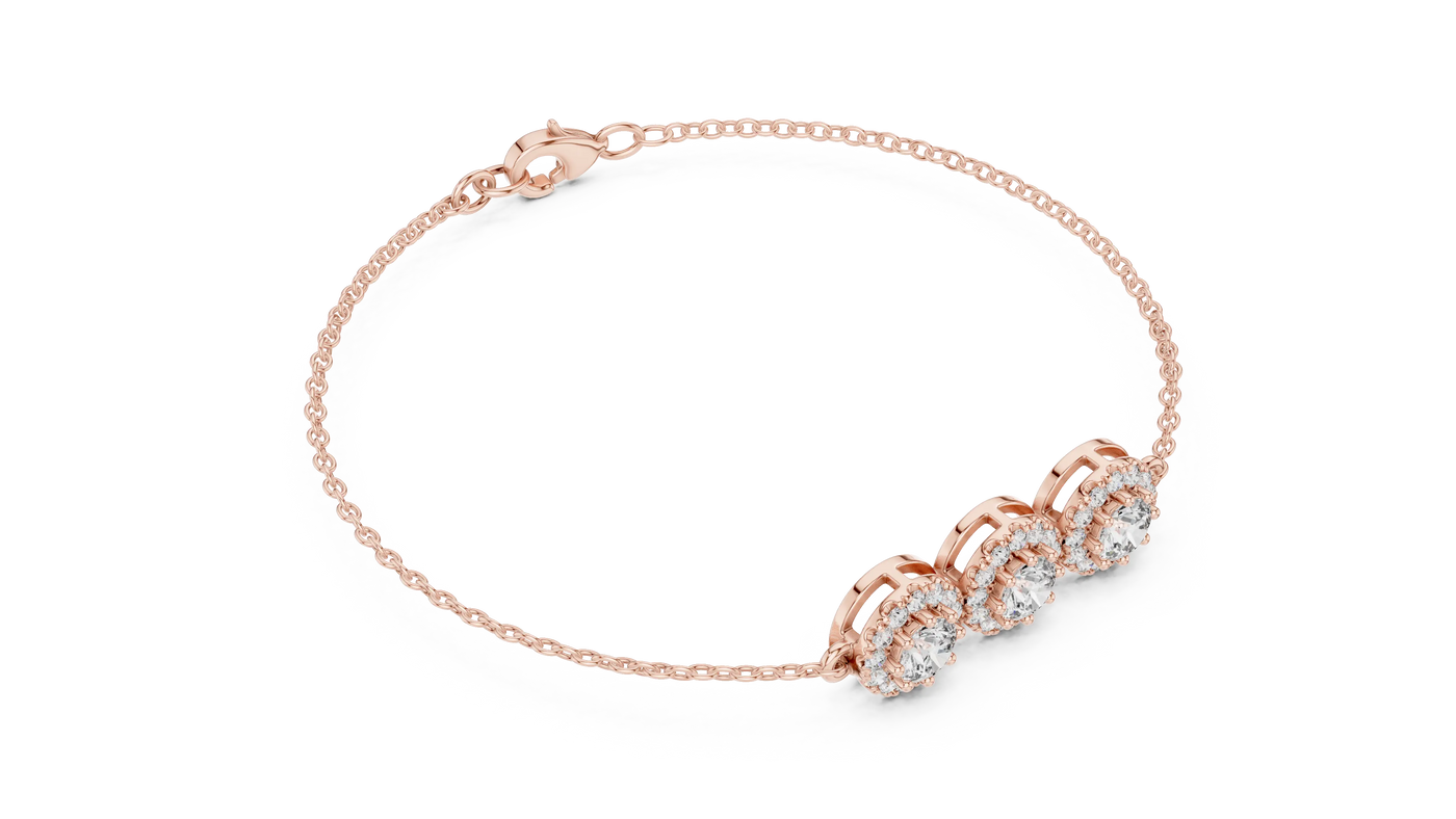 Three-quarter View: Round Diamond Bracelet with Halo Setting in 14k Rose Gold - Lab Grown - Driona Jewels
