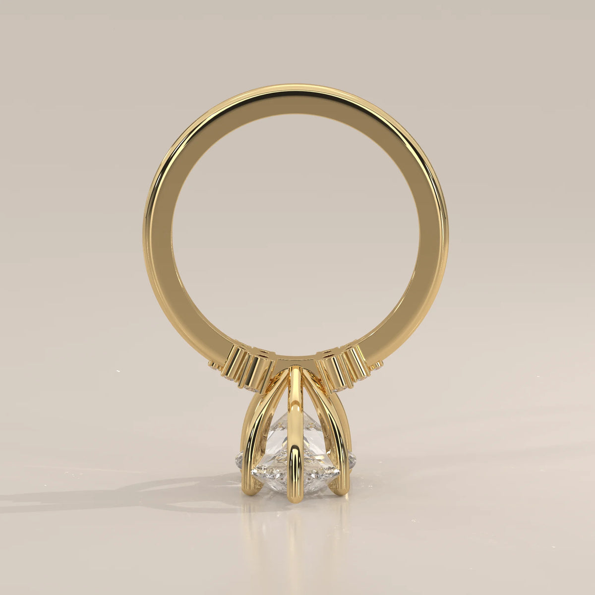 Bronze 5 Carat Pear Lab Grown Diamond Ring, Cluster Shoulders in yellow gold, side profile view.