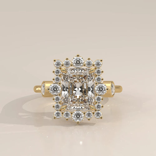 Camila 5 Carat Radiant Lab Grown Diamond Halo Ring, Marquise Sides in yellow gold, shown from the front.