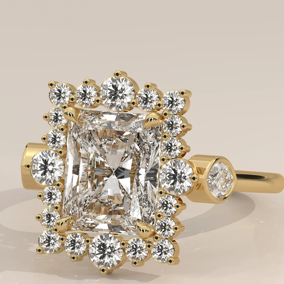 Camila 5 Carat Radiant Lab Grown Diamond Halo Ring, Marquise Sides in yellow gold, photographed from the side.