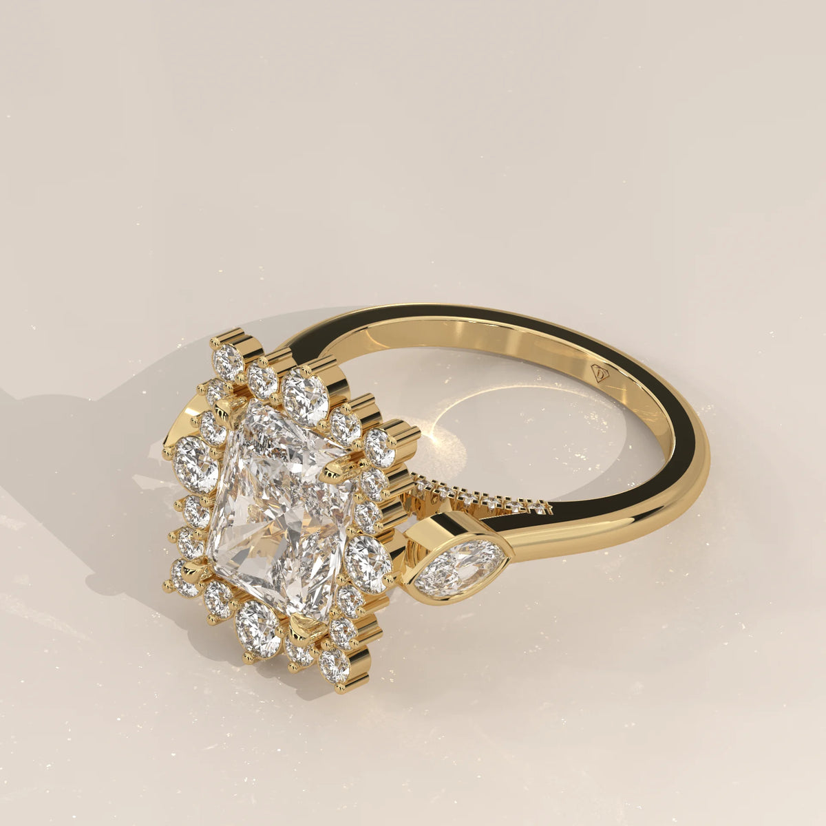 Camila 5 Carat Radiant Lab Grown Diamond Halo Ring, Marquise Sides in yellow gold, shown from the side.