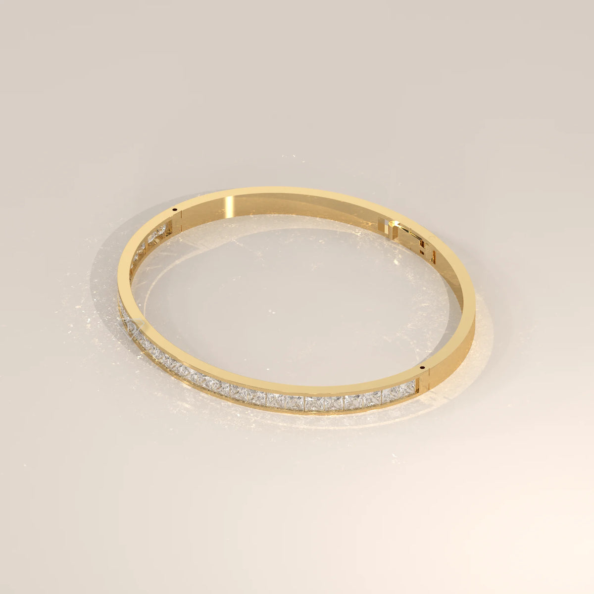 Channel Set Princess Lab Grown Diamond Hinged Bangle Bracelet in yellow gold, front view on a plain background.