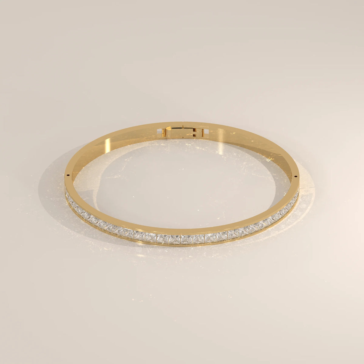 Channel Set Princess Lab Grown Diamond Hinged Bangle Bracelet in yellow gold, shown from the front.
