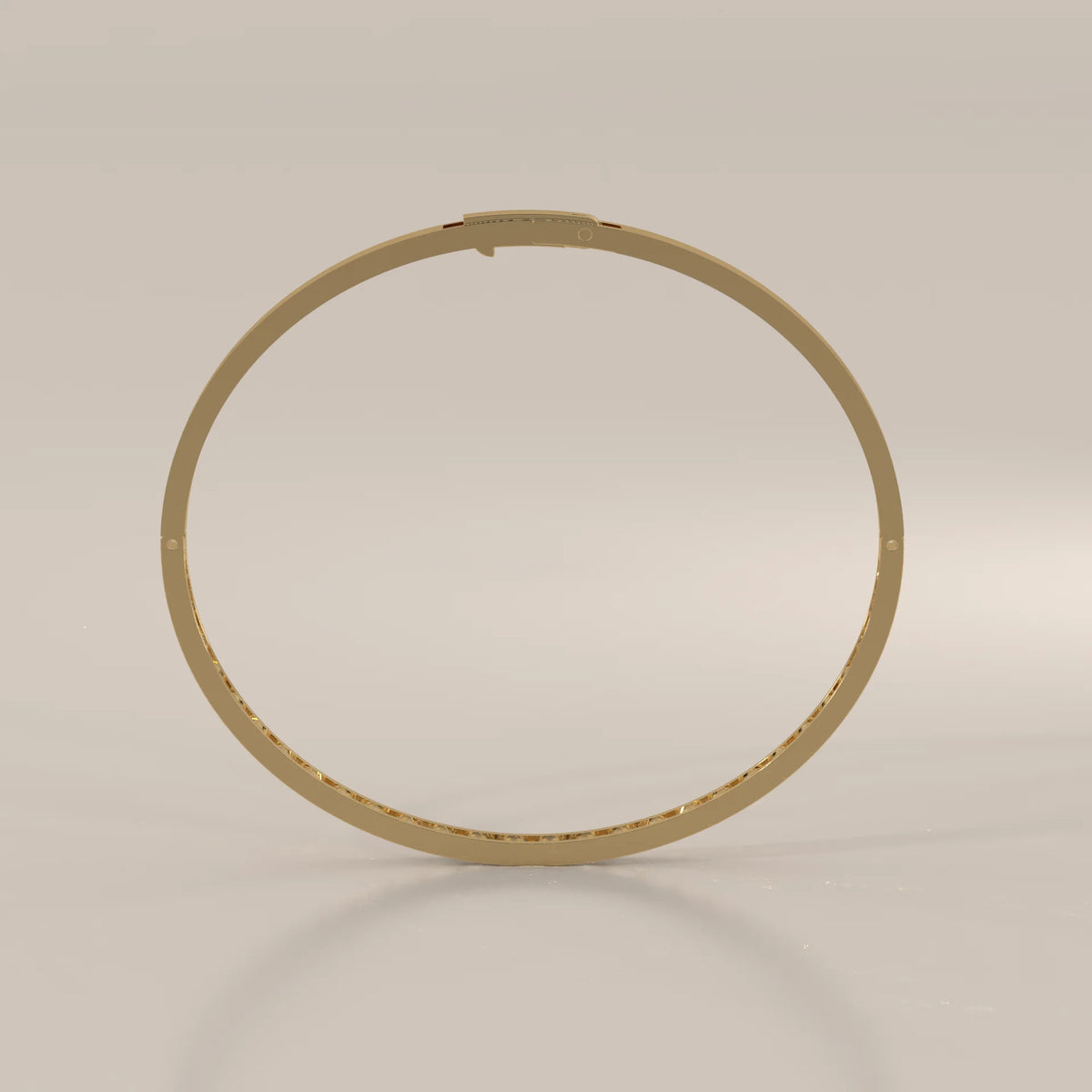Channel Set Princess Lab Grown Diamond Hinged Bangle Bracelet in yellow gold, shown from the side.