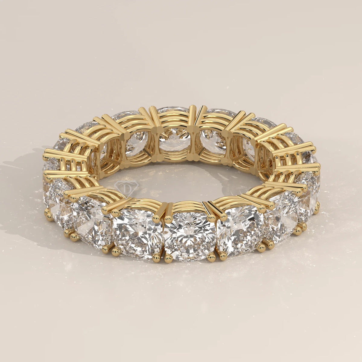 Chunky Cushion Square Diamond Eternity Ring with Bold Claws in yellow gold, photographed head-on.