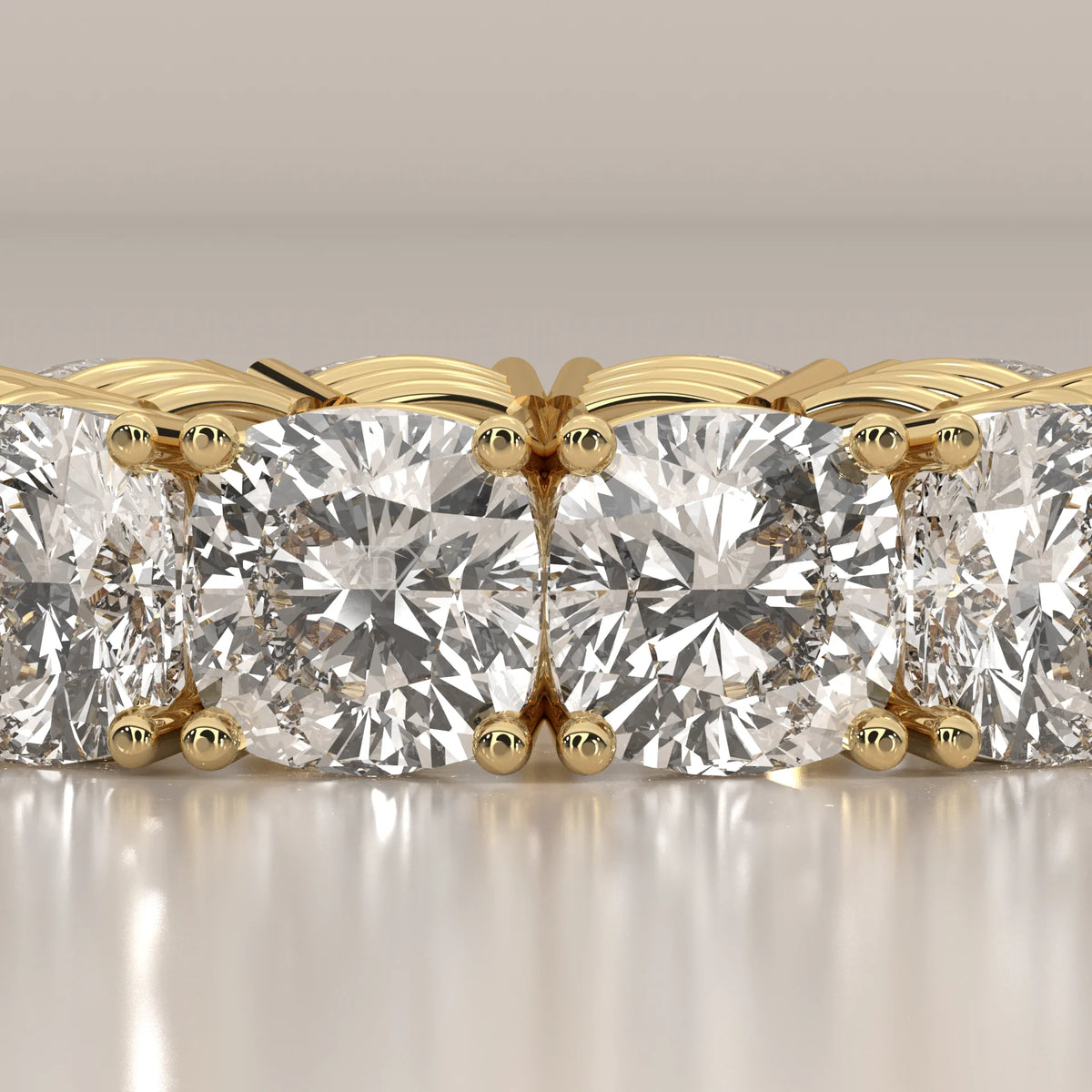 Chunky Cushion Square Diamond Eternity Ring with Bold Claws in yellow gold, product photograph on a plain background.