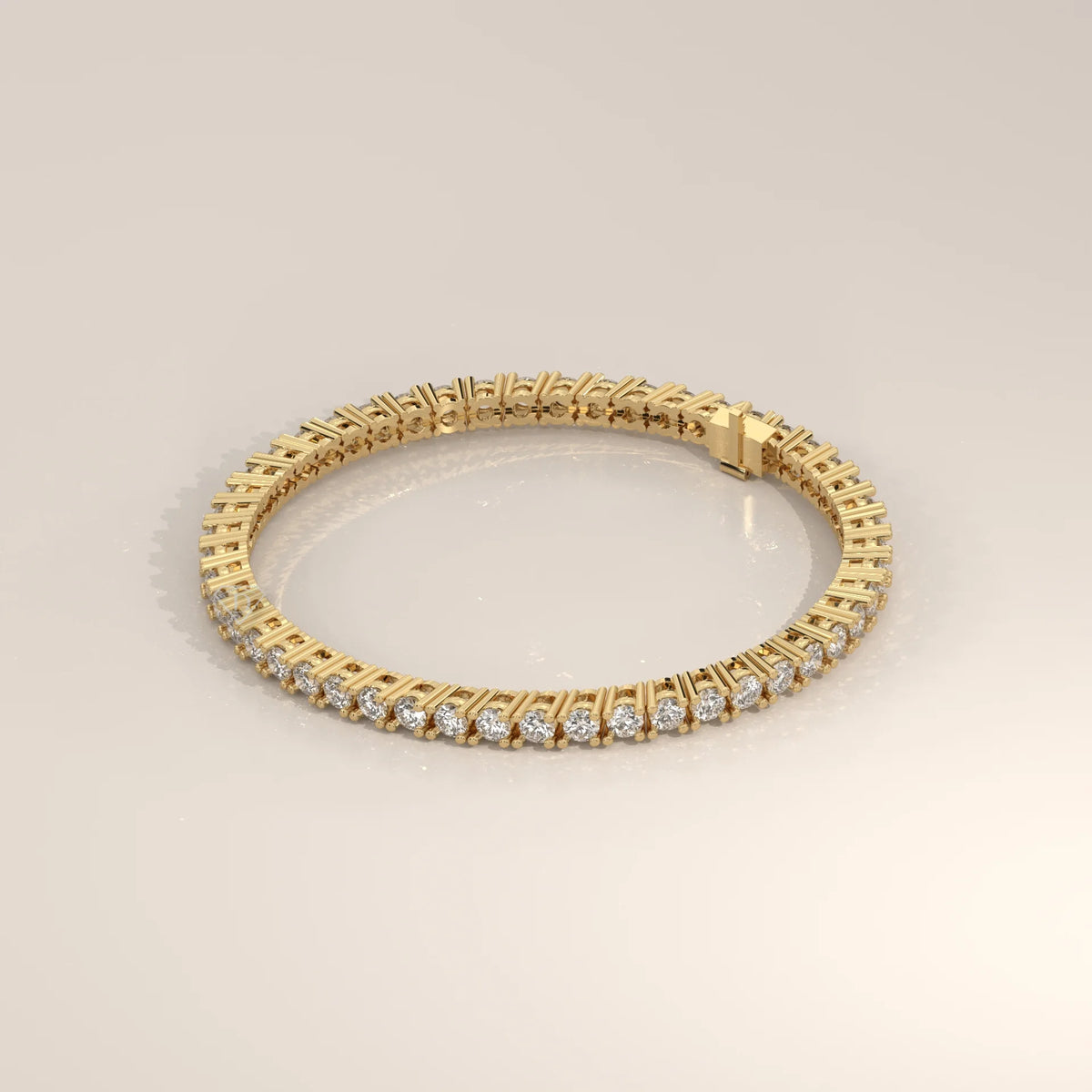 Classic Round Lab Grown Diamond Tennis Bracelet, Four Prong in yellow gold, shown at an angle.