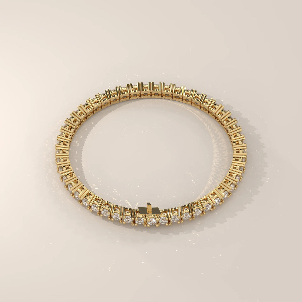 Classic Round Lab Grown Diamond Tennis Bracelet, Four Prong in yellow gold, front view on a plain background.