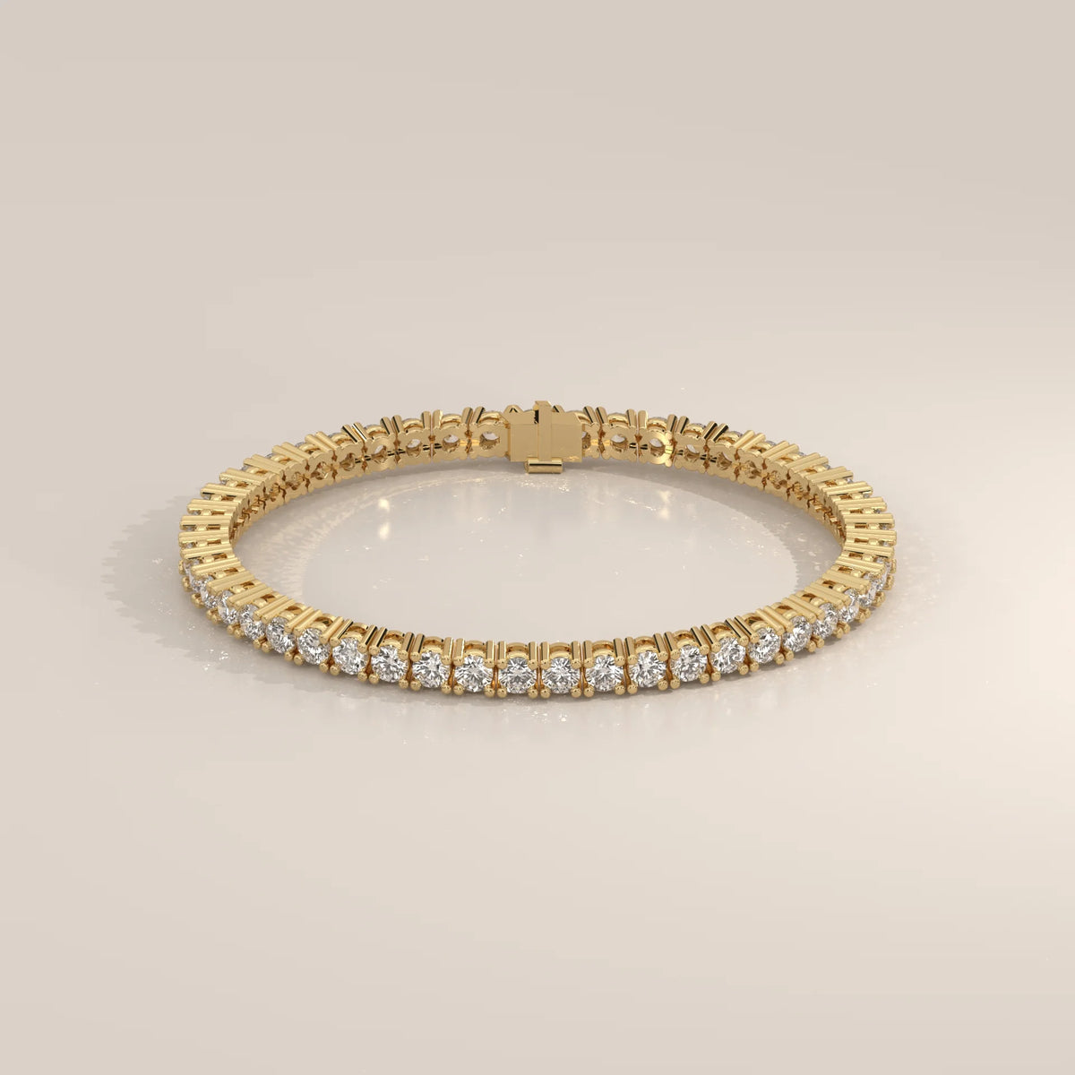 Classic Round Lab Grown Diamond Tennis Bracelet, Four Prong in yellow gold, shown from the front.