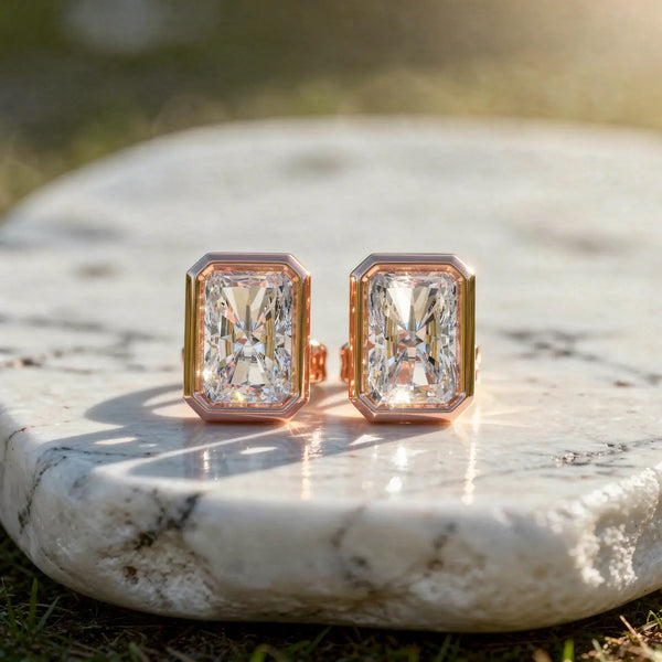 Pair-shot: Emerald Cut Diamond Cufflinks with Bezel Setting in 14k Rose Gold - Lab Grown - Driona Jewels
